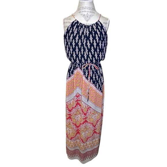 Sweet Storm Printed Halter Maxi Dress Navy White Yellow Peach Pink Medium - Picture 2 of 14